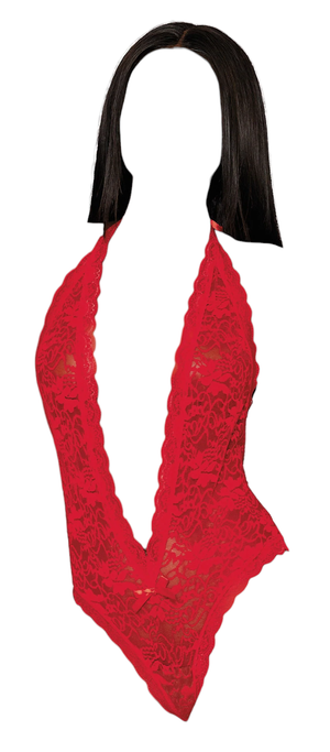 Dreamgirl Stretch Lace Halter Teddy With Large Heart Cutout Detail on Back Red One Size
