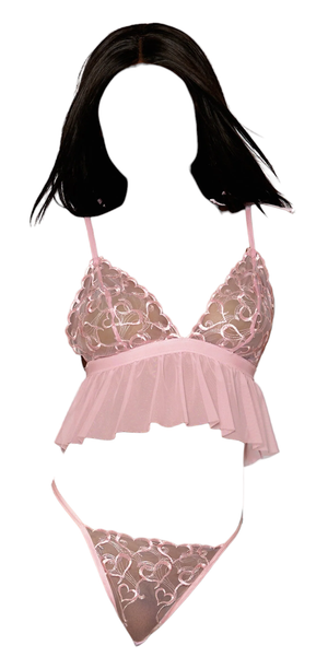Dreamgirl Heart Embroidered Mesh Bralette and Panty Candy Pink One Size