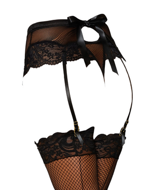 Dreamgirl High-Waisted Fishnet Garter Thong with Lace Detail Black