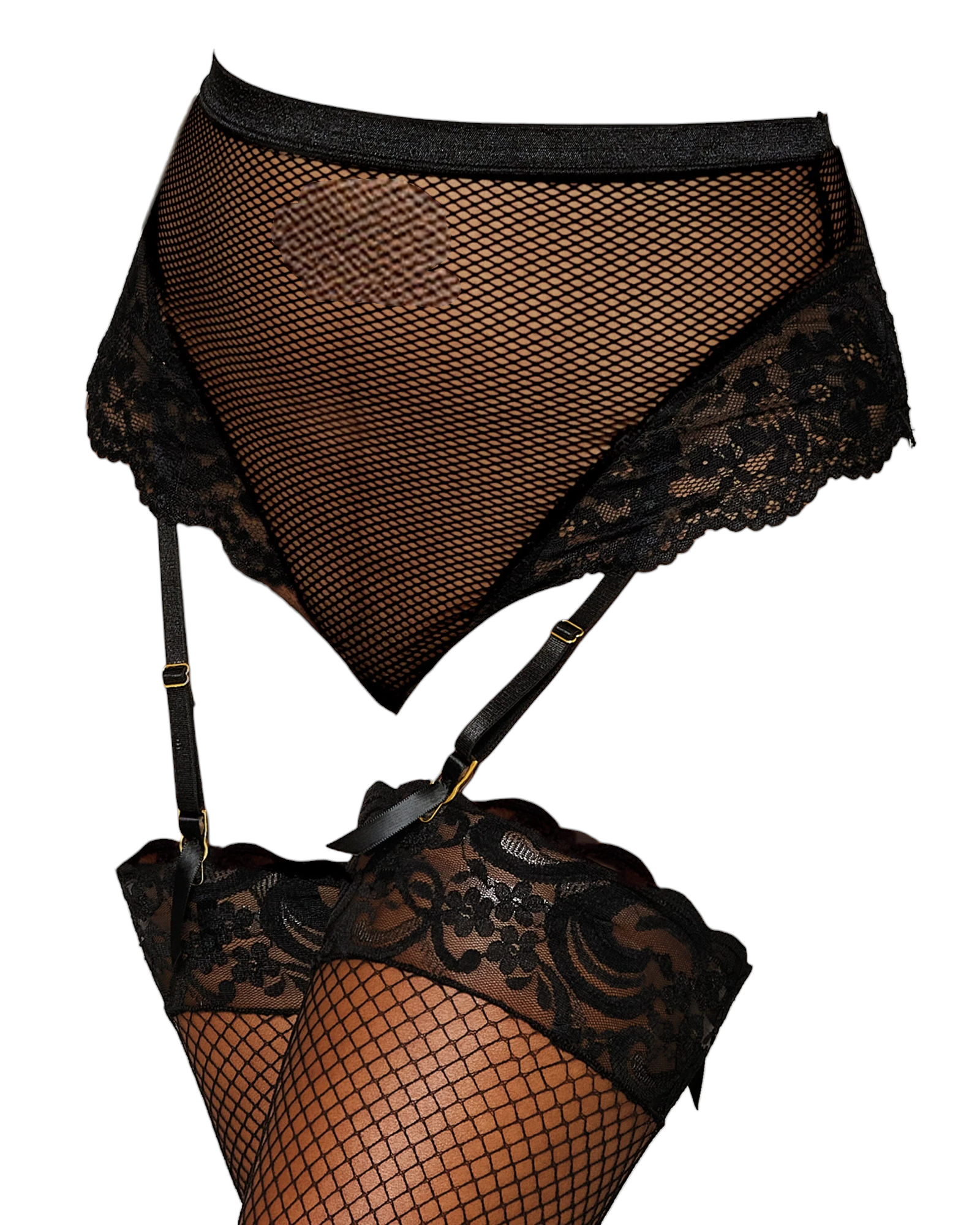 Dreamgirl High-Waisted Fishnet Garter Thong with Lace Detail Black
