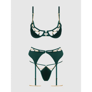 Evangeline Satin & Chain Push Up Bra Thigh Garter Belt & G-String Set Green