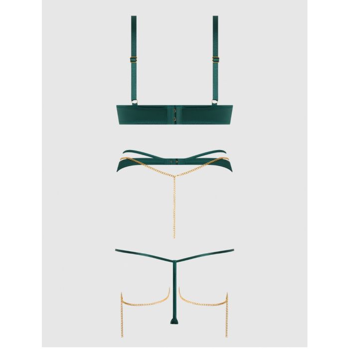 Evangeline Satin & Chain Push Up Bra Thigh Garter Belt & G-String Set Green