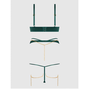 Evangeline Satin & Chain Push Up Bra Thigh Garter Belt & G-String Set Green