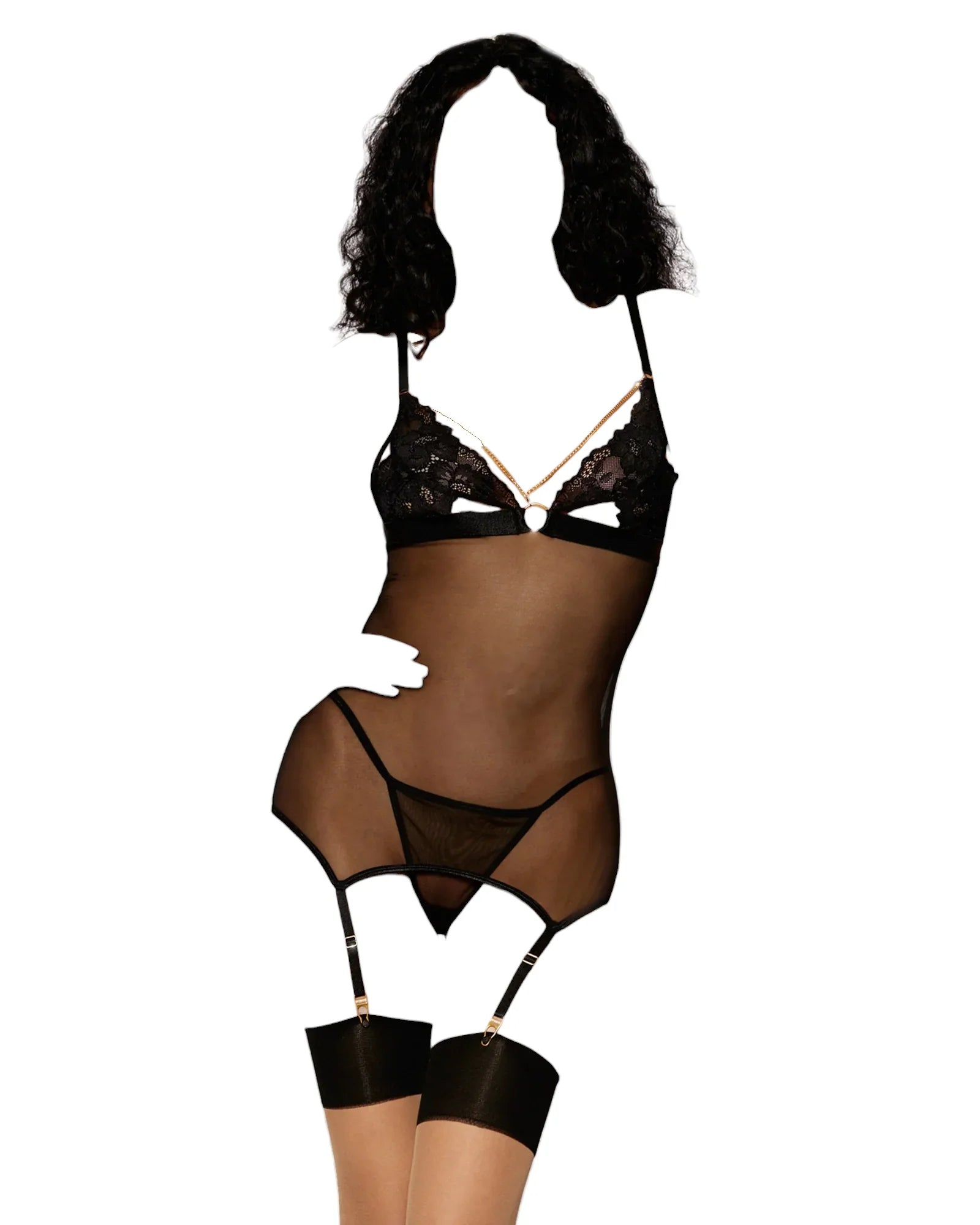 Dreamgirl Lace and Mesh Garter Slip and G-string Set Black One Size