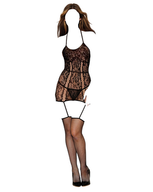 Dreamgirl Lace Garter Dress With Attached Garters and Fishnet Thigh-High Stockings Black One Size