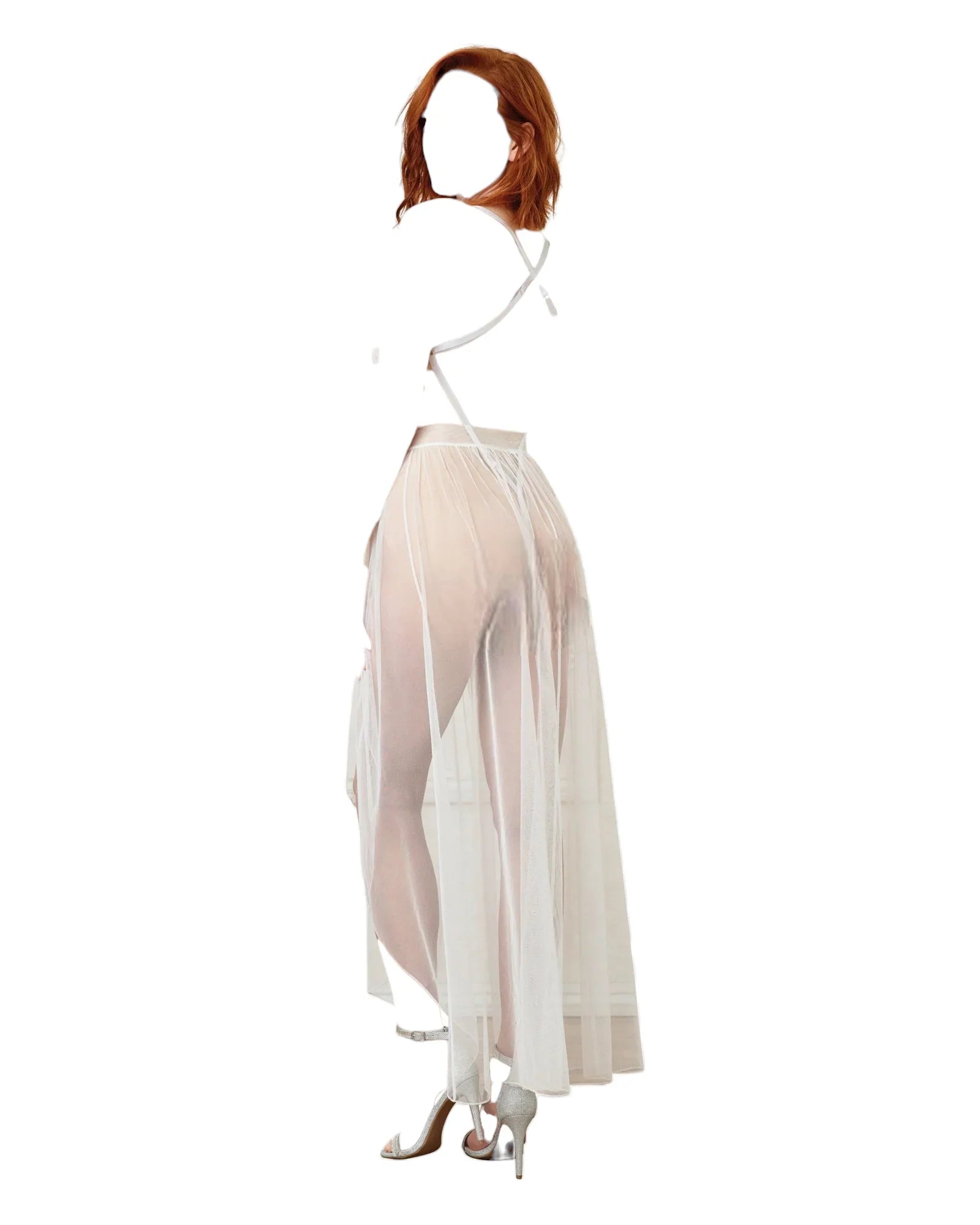 Dreamgirl 2 PC Stretch Lace Teddy & Sheer Mesh Maxi Skirt With Adjustable Straps & G-String White