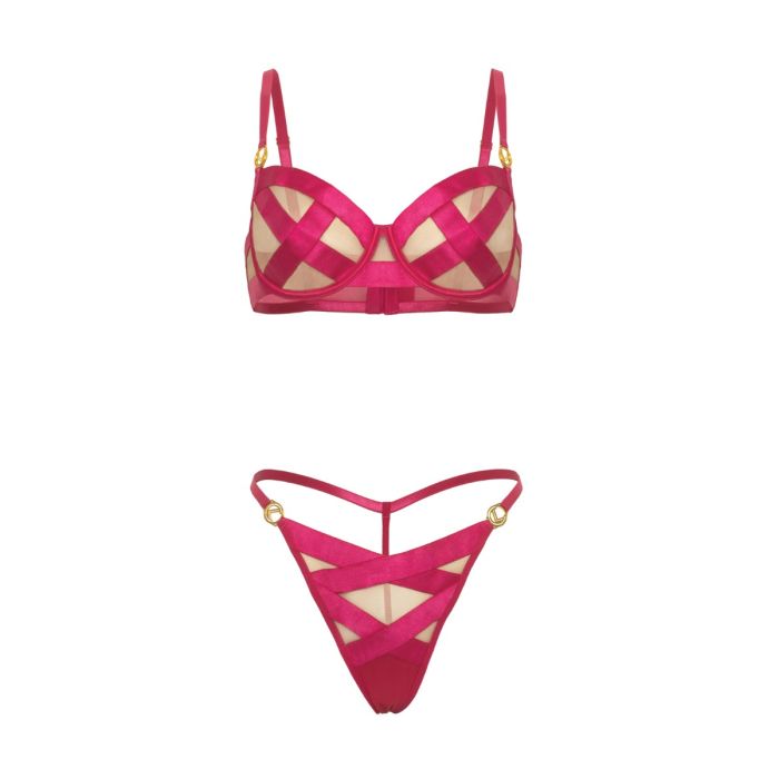 Raelynn Satin Strappy Underwire Bra with G-String 2 pc Set Pink Yarrow