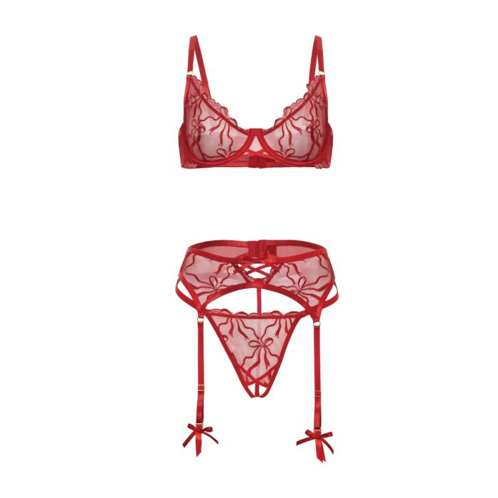 Mariah Embroidered Lace and Mesh Underwire Bra with Garter & G-String 3 pc Set Burgundy