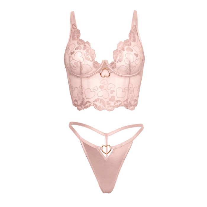 Clarissa Embroidered Bustier with G-String 2 pc Set Pink