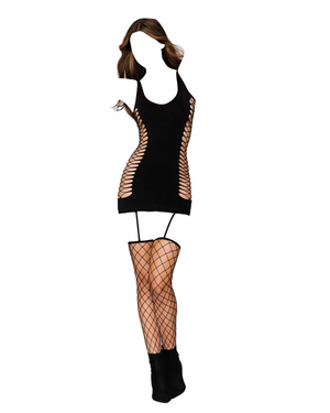 Dreamgirl Opaque Fence-Net Garter Dress With Attached Thigh-Highs Black