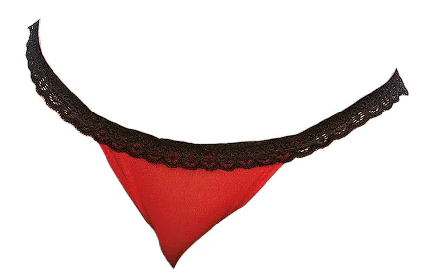 Dreamgirl Stretch Mesh Panty with Lace Ruffle Trim and Open-Back Heart Detail Red/Black