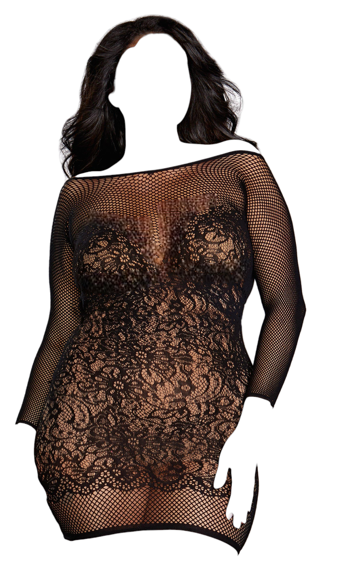 Dreamgirl Seamless Fishnet and Lace Versatile Long-Sleeved Chemise Black