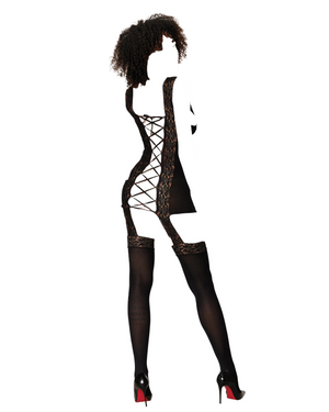 Dreamgirl Sheer Stretch Lace Garter Dress with Lace-up Back Detail & Attached Stockings Black