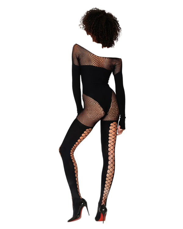 Dreamgirl Seamless opaque and fishnet bodystocking with knitted opaque teddy design and faux lace-up stocking design main image 0