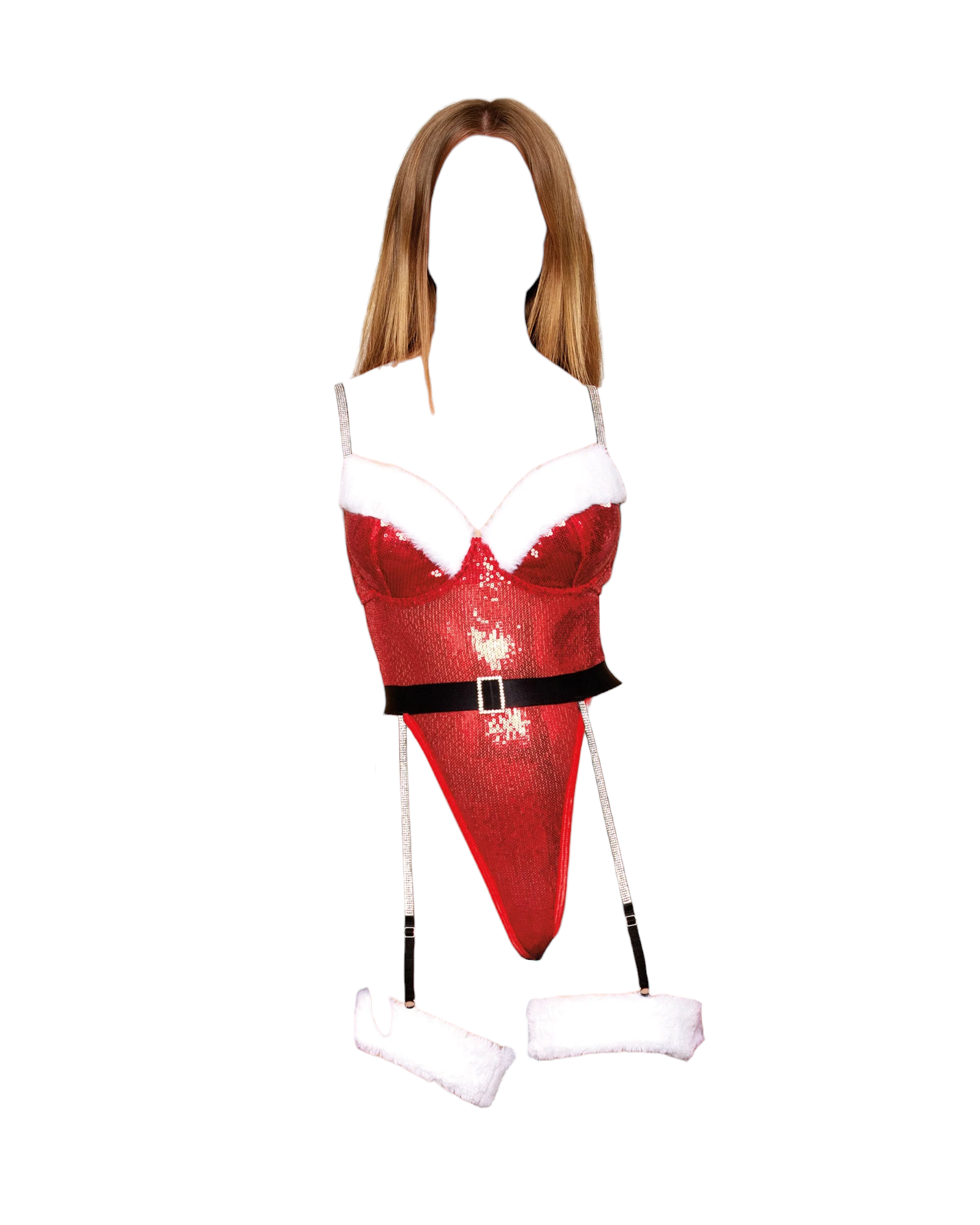 Dreamgirl Sequin Santa Mesh Teddy with Snap Crotch Thong and Garter Belt Ruby
