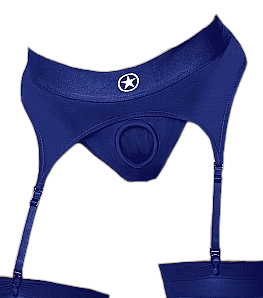 Shots Ouch! Vibrating Strap-on Thong with Adjustable Garters Royal Blue