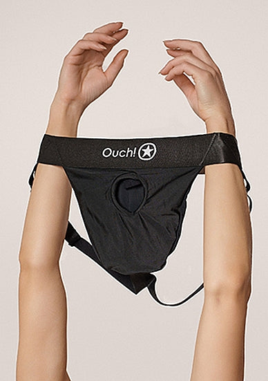 Shots Ouch! Vibrating Strap-on Panty Harness with Open Back Black
