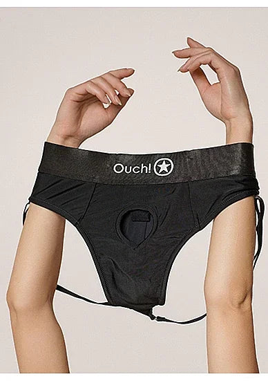 Shots Ouch! Vibrating Strap-on Thong with Removable Rear Straps Black