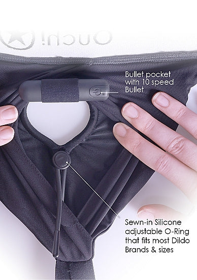 Shots Ouch! Vibrating Strap-on Panty Harness with Open Back Black
