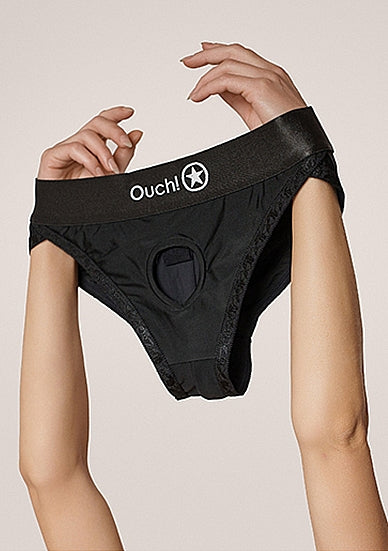 Shots Ouch! Vibrating Strap-on Hipster Open Crotch Briefs with Lace Detail Black