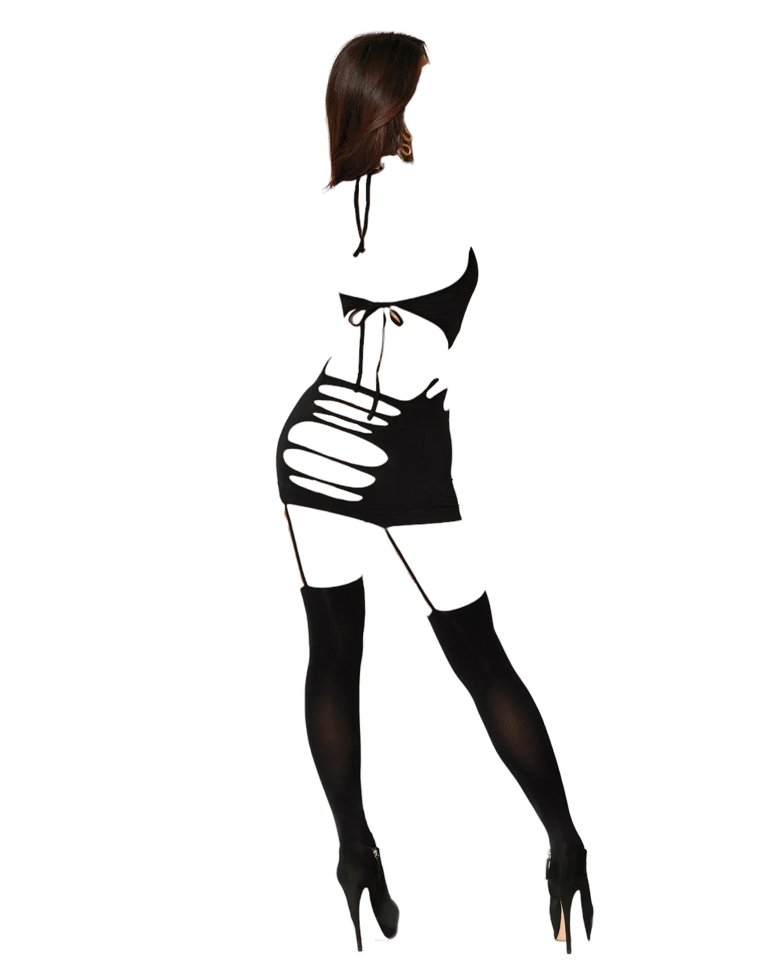 Dreamgirl Seamless Opaque Halter Garter Dress with Front and Back Slash Details Black One Size