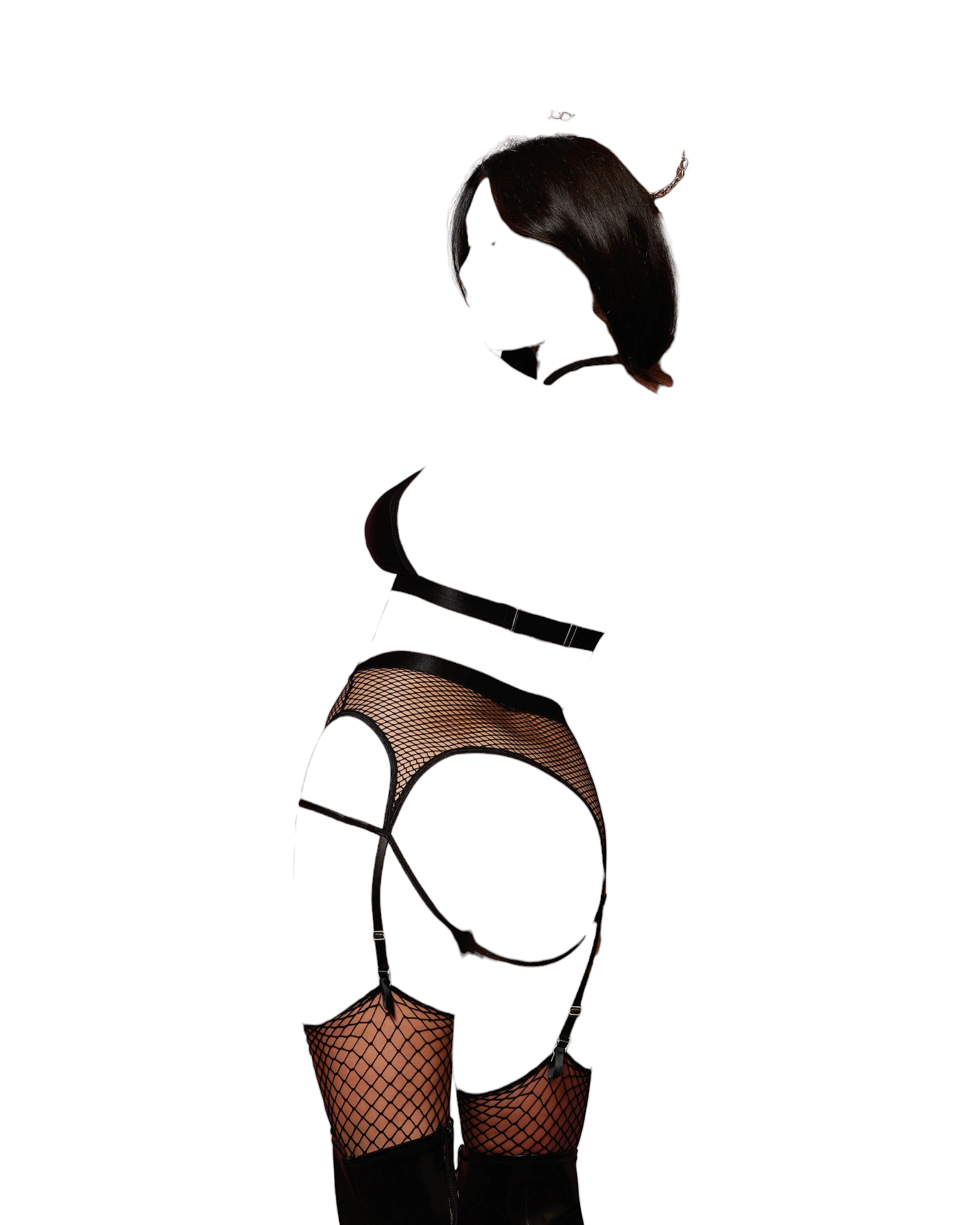 Dreamgirl Wetlook Halter Bralette, Fishnet and Wetlook Gartered Open-Rear Panty & Chain Wrist Restraints Black One Size