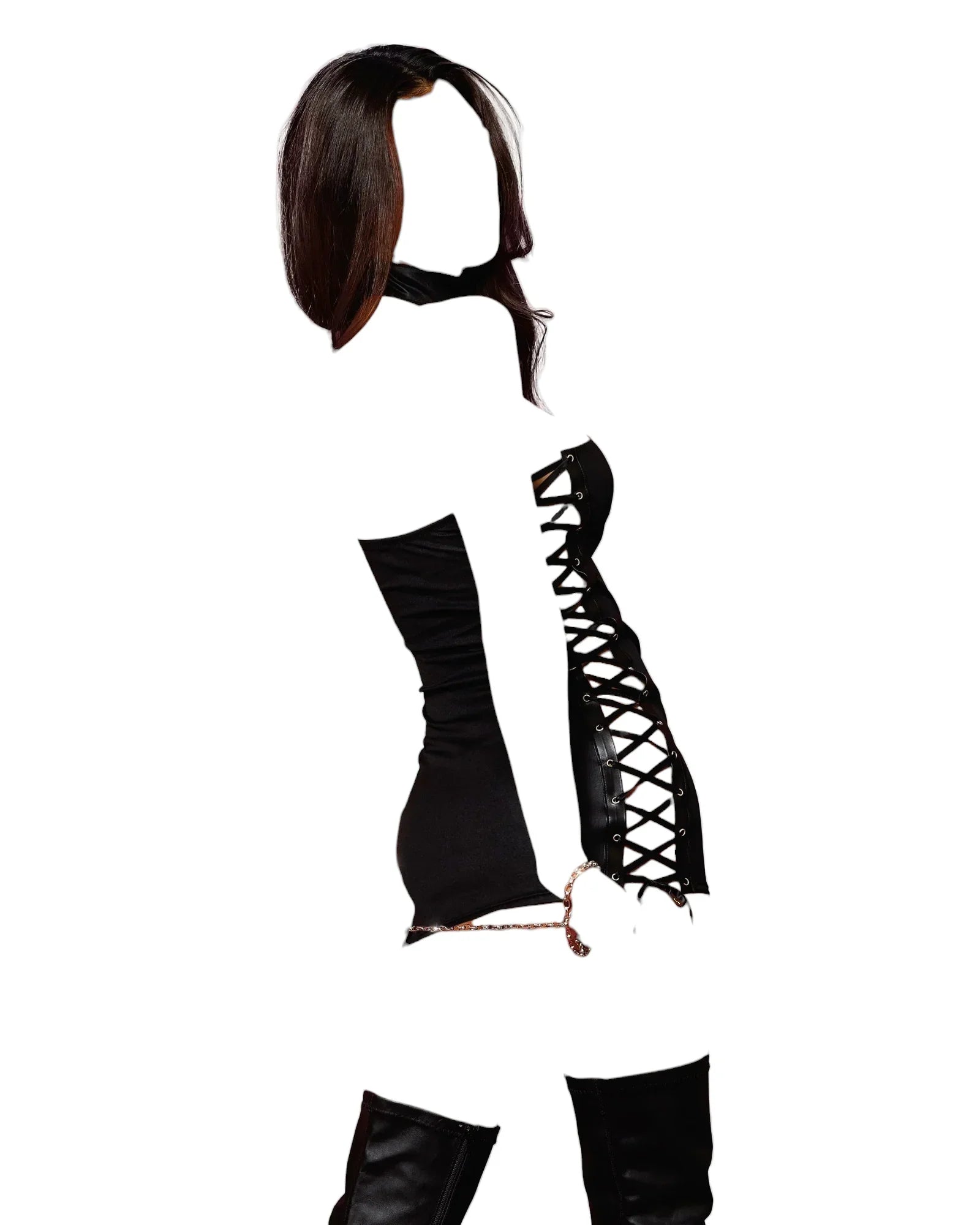 Dreamgirl Wetlook Chemise With Lace-Up Sides, Choker Collar & Chain Wrist Restraints Black One Size