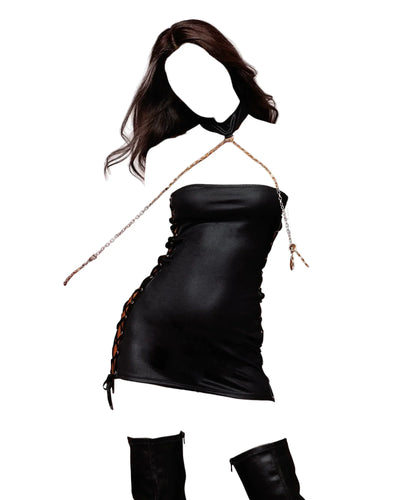 Dreamgirl Wetlook Chemise With Lace-Up Sides, Choker Collar & Chain Wrist Restraints Black One Size
