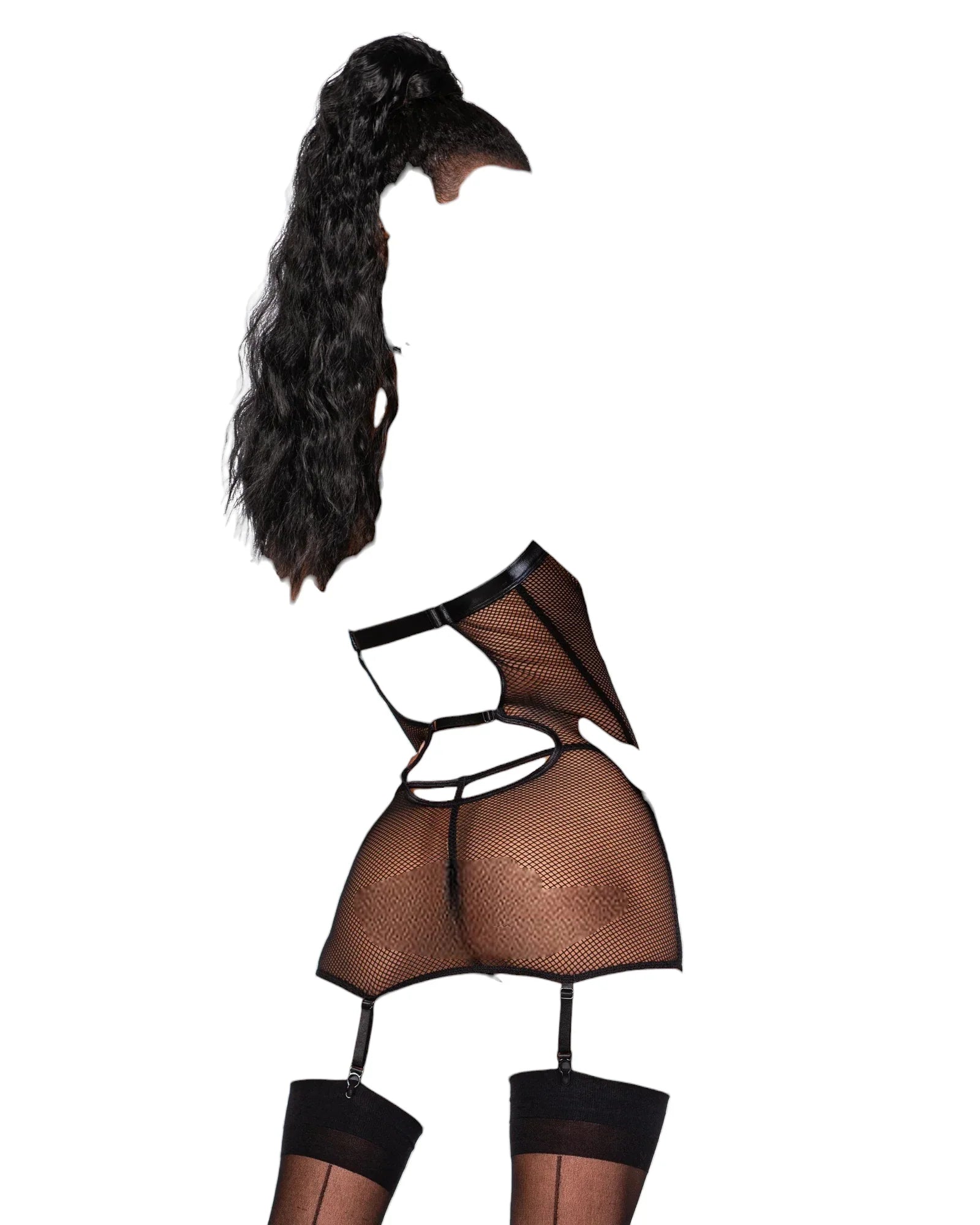 Dreamgirl Stretch Faux-Leather & Fishnet Garter Slip with Matching G-String Black