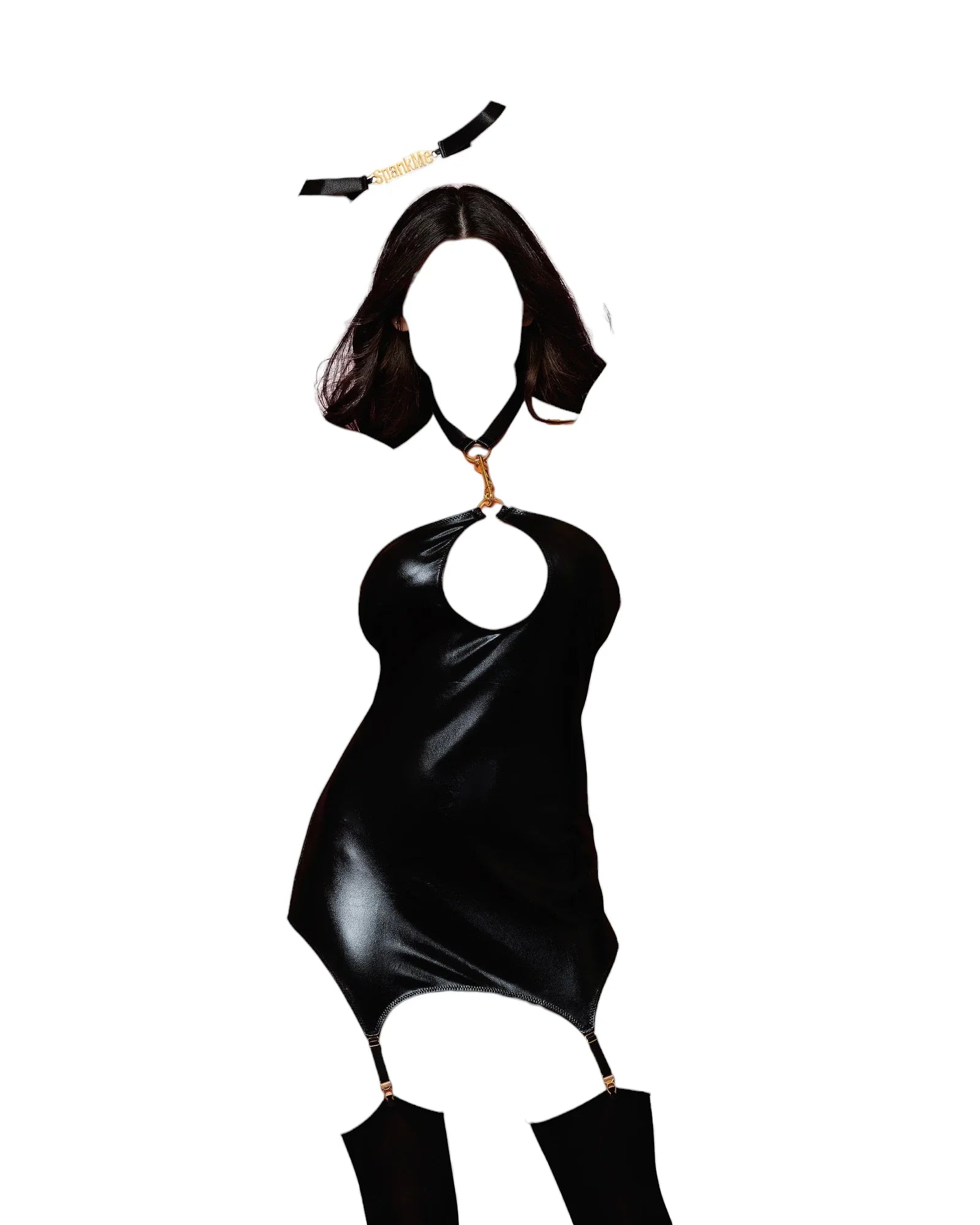Dreamgirl Wetlook Open-Back Gartered Slip Dress With "Spank Me" Gold Accents & Wrist Restraints Black