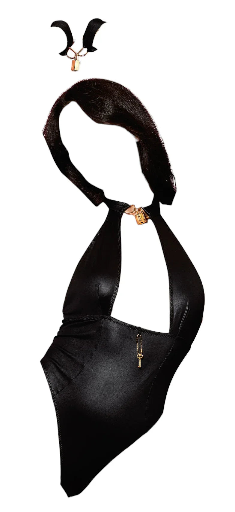 Dreamgirl Wetlook Corseted Back Halter-Neck Thong Teddy With Wrist Restraints Black