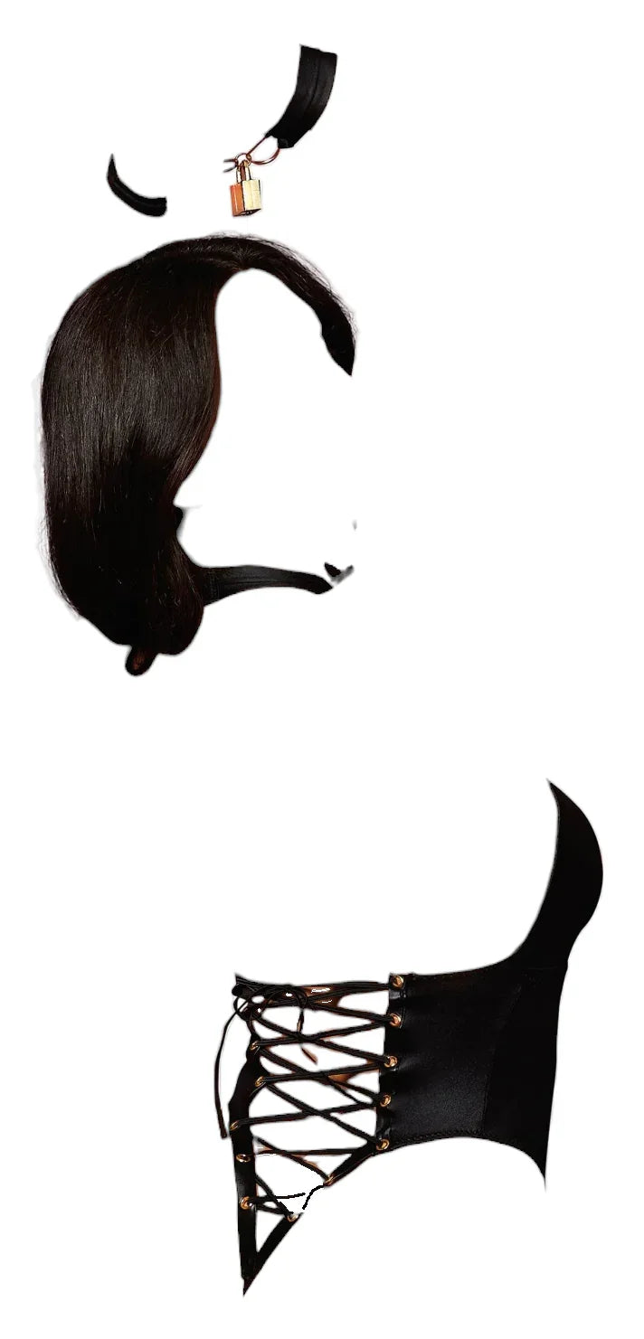 Dreamgirl Wetlook Corseted Back Halter-Neck Thong Teddy With Wrist Restraints Black