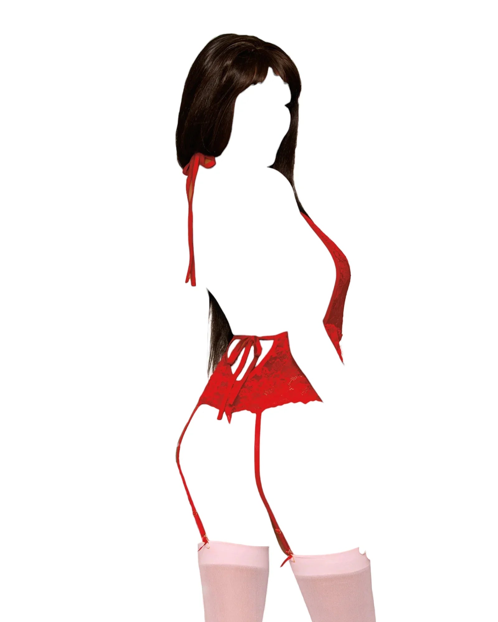 Dreamgirl Tie-Back Lace Halter Teddy with Chain Garters Ruby