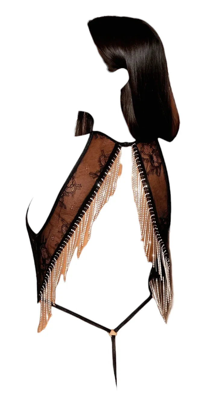 Dreamgirl Lace Halter Thong Teddy with Open Rhinestone Fringe Back Black