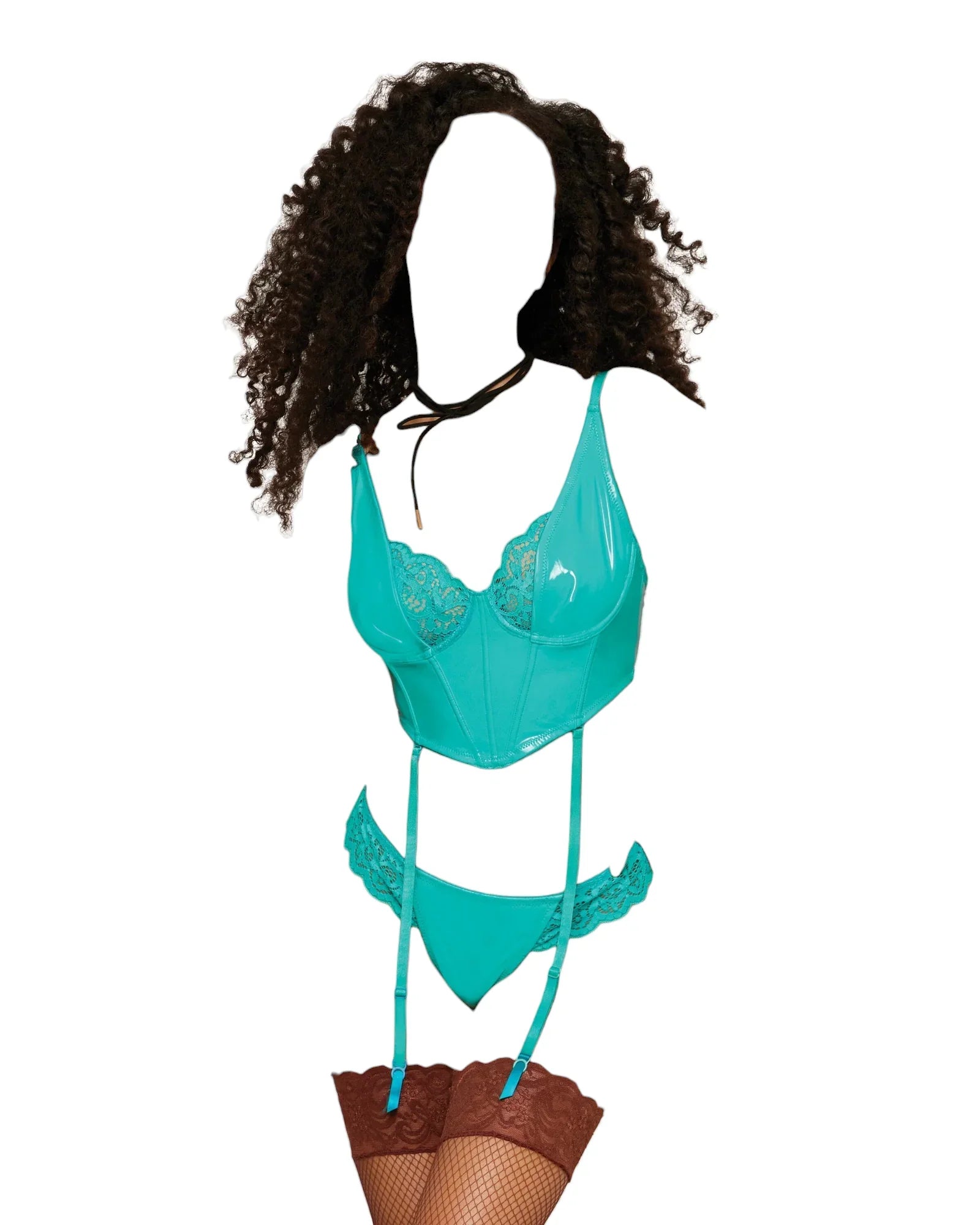 Dreamgirl Lace Trim Pleather Bustier & G-String with Removeable Garters Ocean