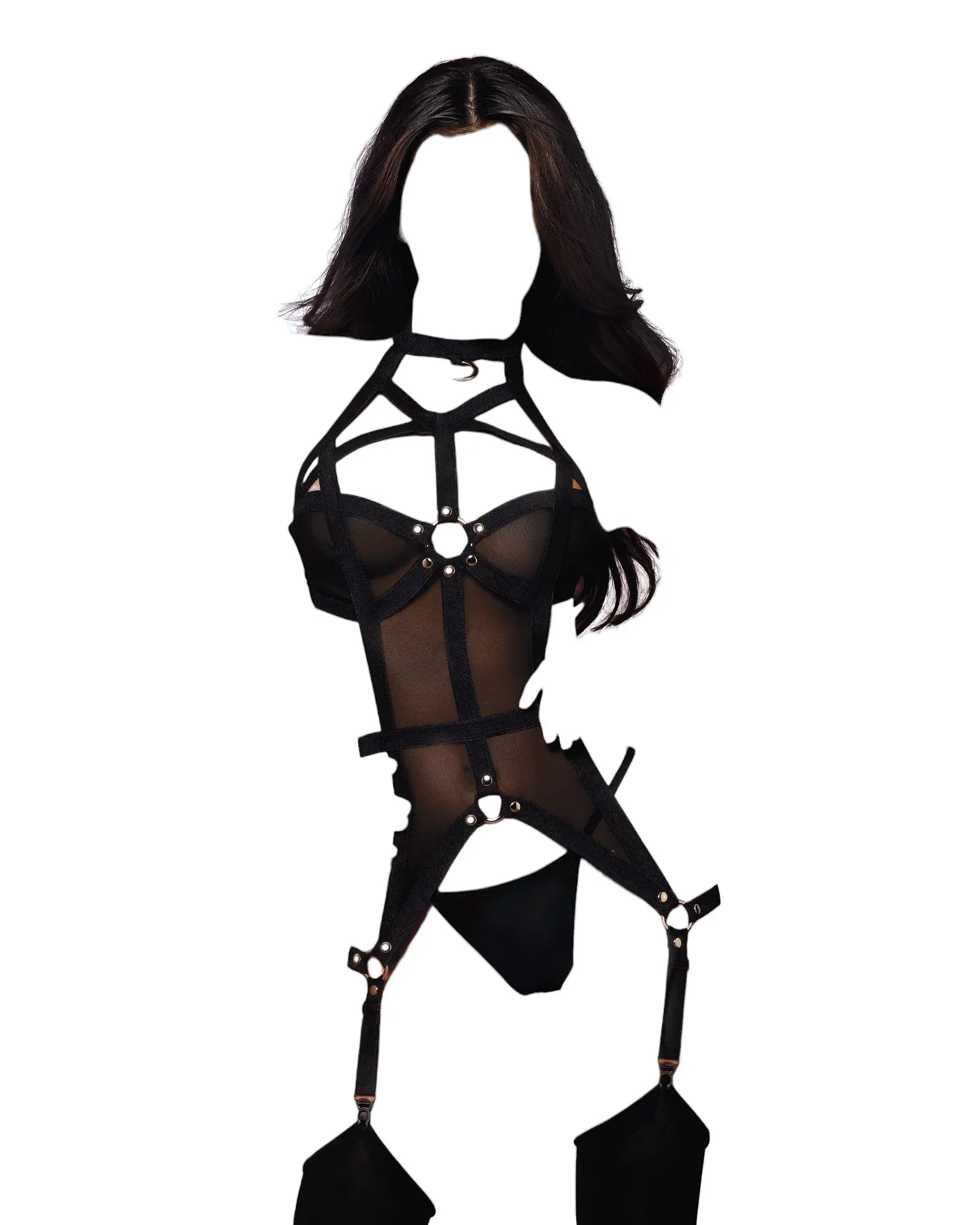 Dreamgirl Stretch Mesh Bustier with Strappy High-Neck & G-String Black One Size