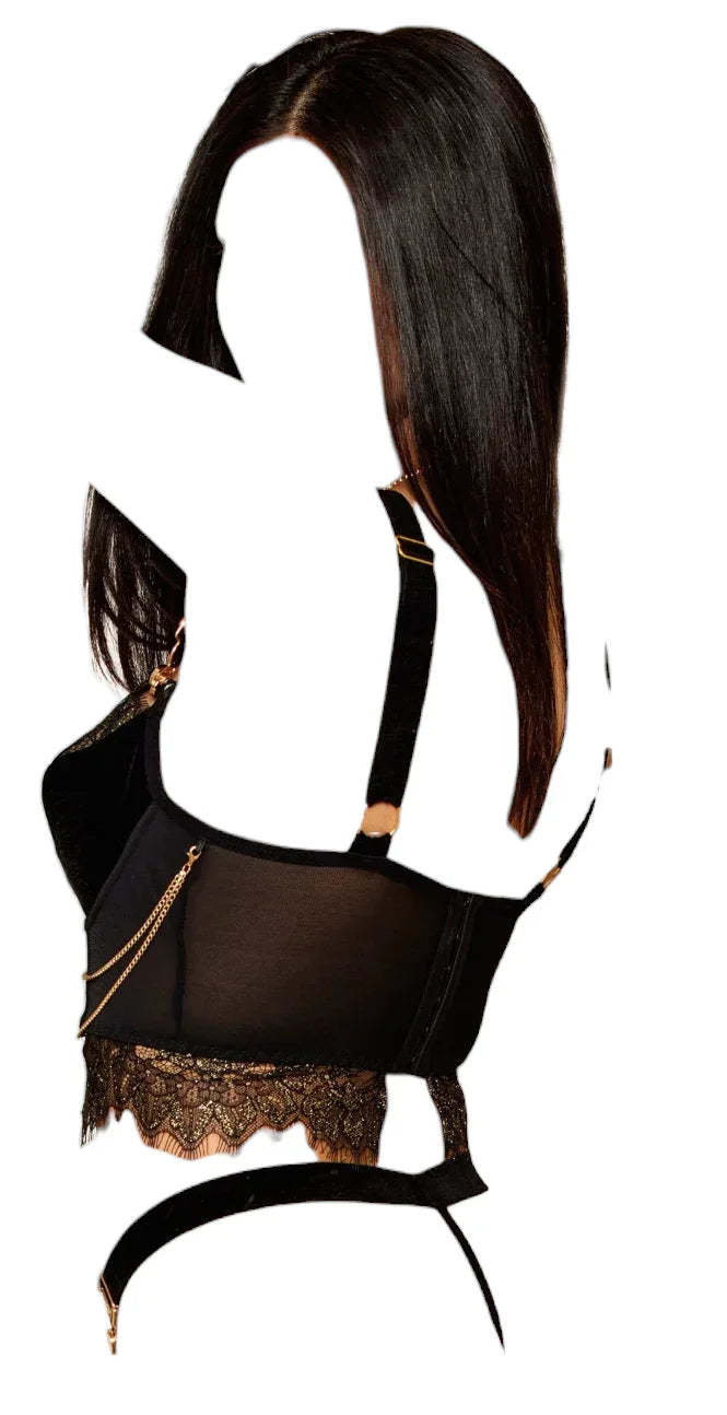 Dreamgirl Bustier and G-string with Lace and Chain Details Black