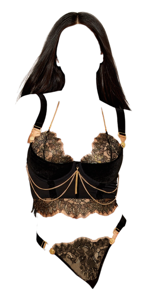 Dreamgirl Bustier and G-string with Lace and Chain Details Black