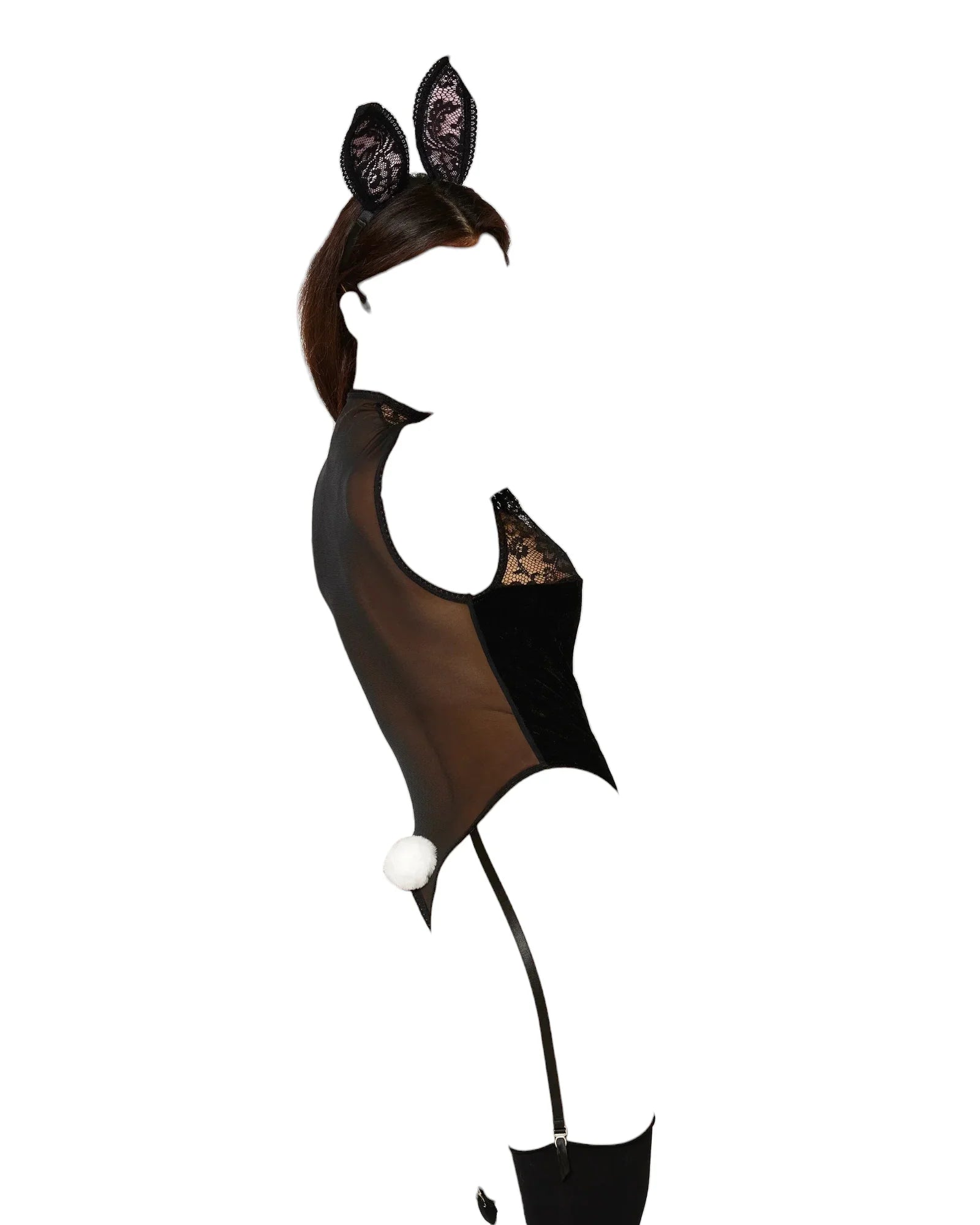 Dreamgirl Bunny Costume Corseted Garter Teddy With Mesh Back & Lace Ears Black One Size