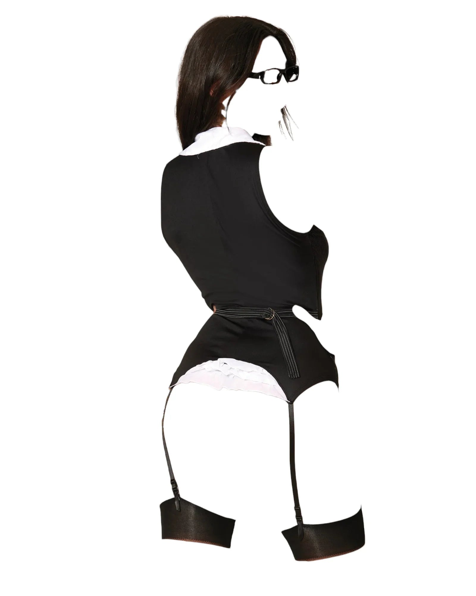 Dreamgirl Working Late Pinstriped Stretch Knit Vest-Style Garter Slip Roleplay Set Black/White One Size