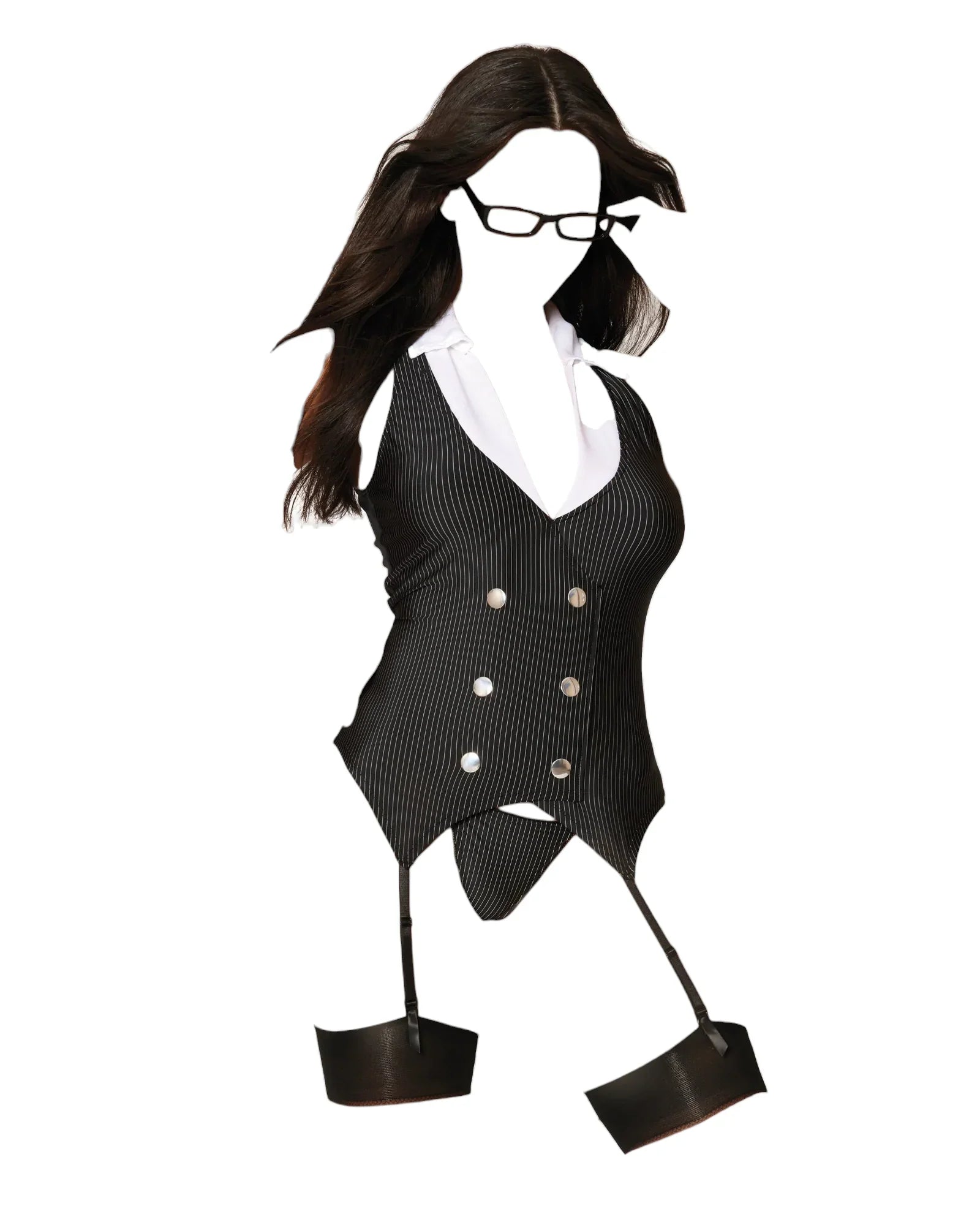 Dreamgirl Working Late Pinstriped Stretch Knit Vest-Style Garter Slip Roleplay Set Black/White One Size