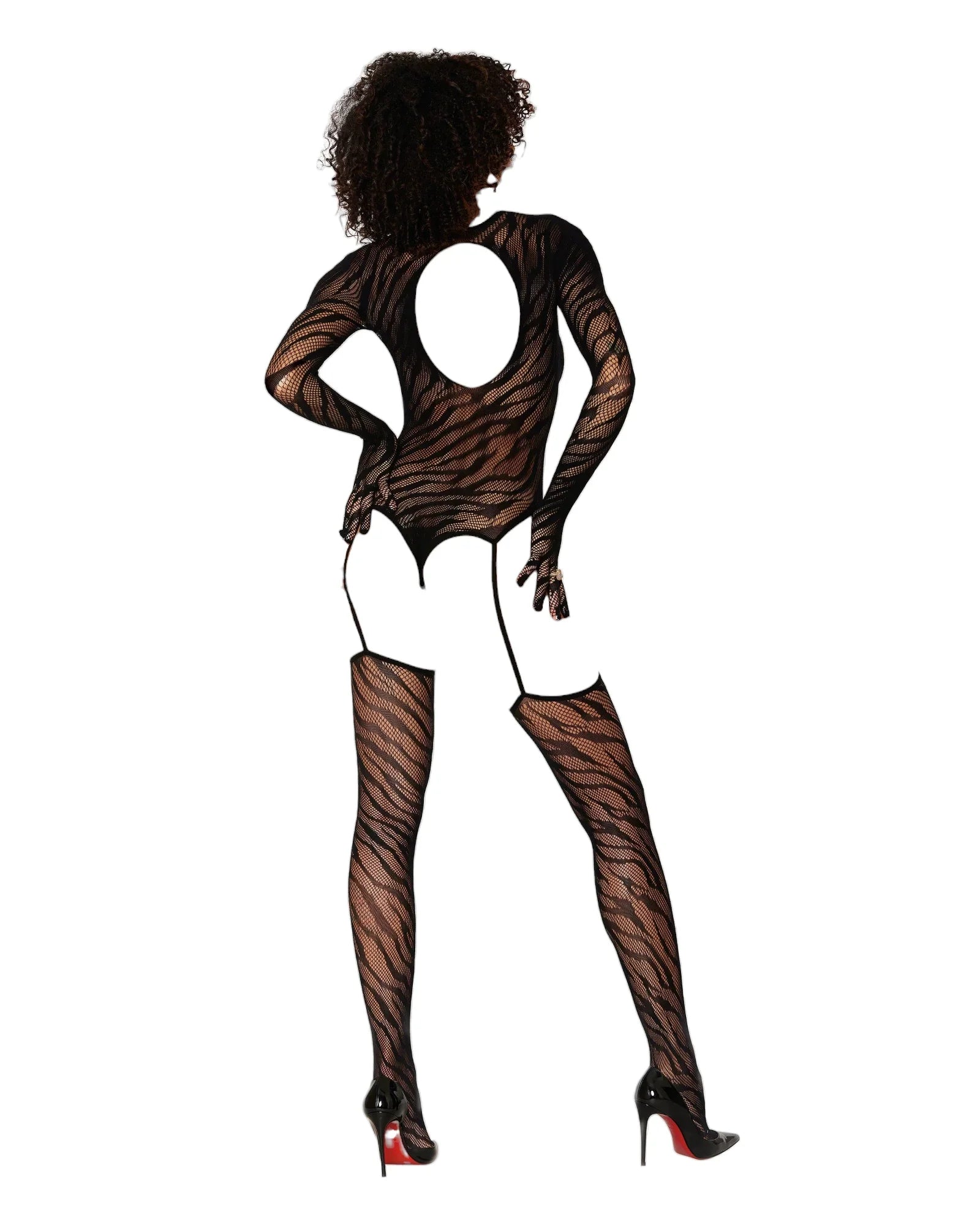 Dreamgirl Animal Print Fishnet Gloved Suspender Teddy Bodystocking With Keyhole Back Black One Size