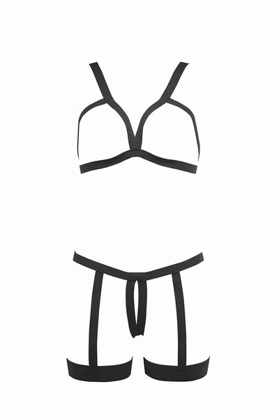 Allure Kitten Teaser Strappy Open Cup Bra & Open Panty with Leg Straps Black One Size