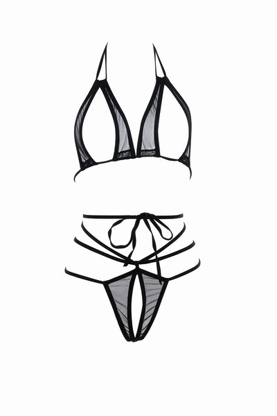 Allure Collection Lacy Open Bra & Criss Cross G-String Set Black