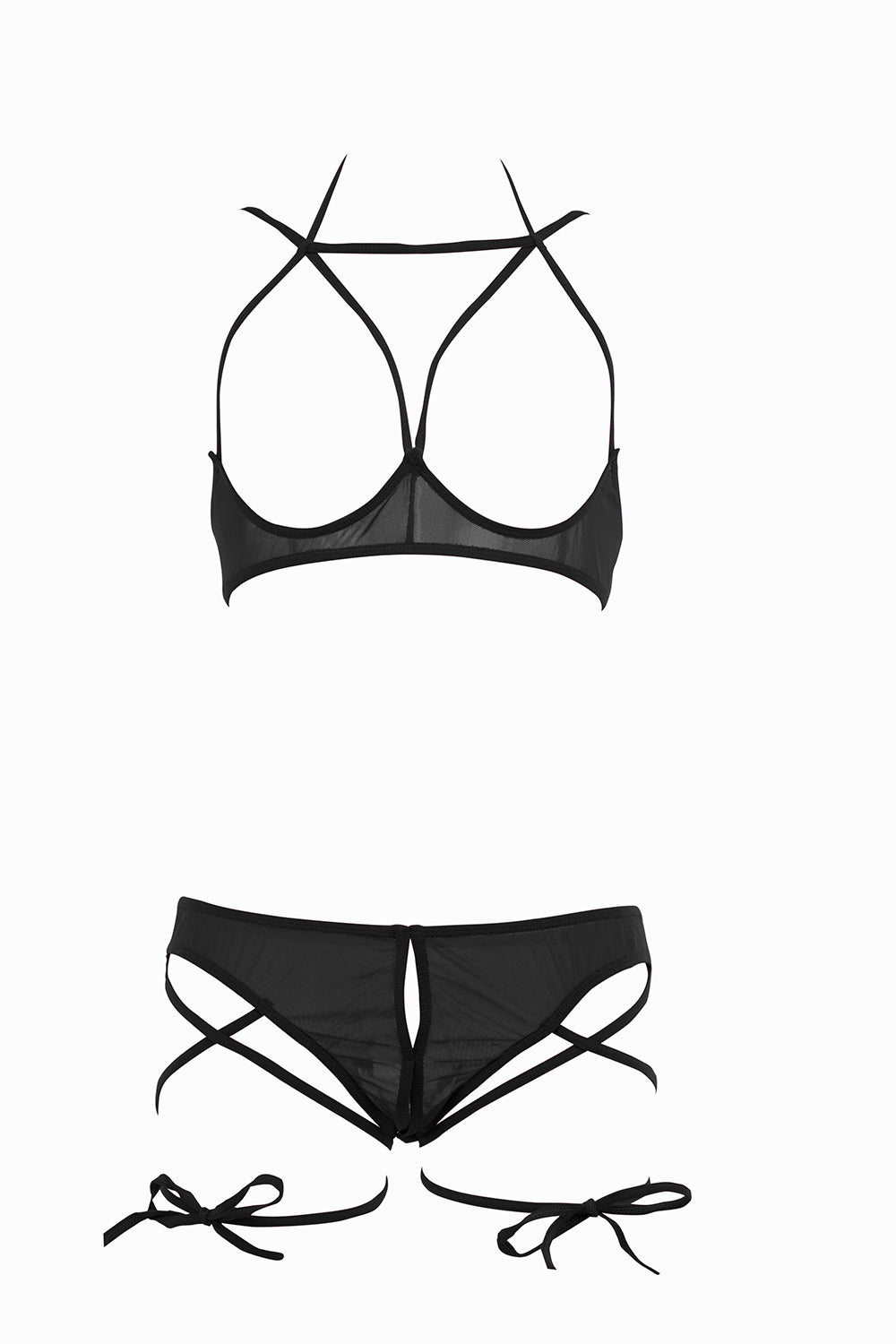 Allure Collection Monique Open Bra & G-String Set with Criss Cross Thigh Straps Black One Size