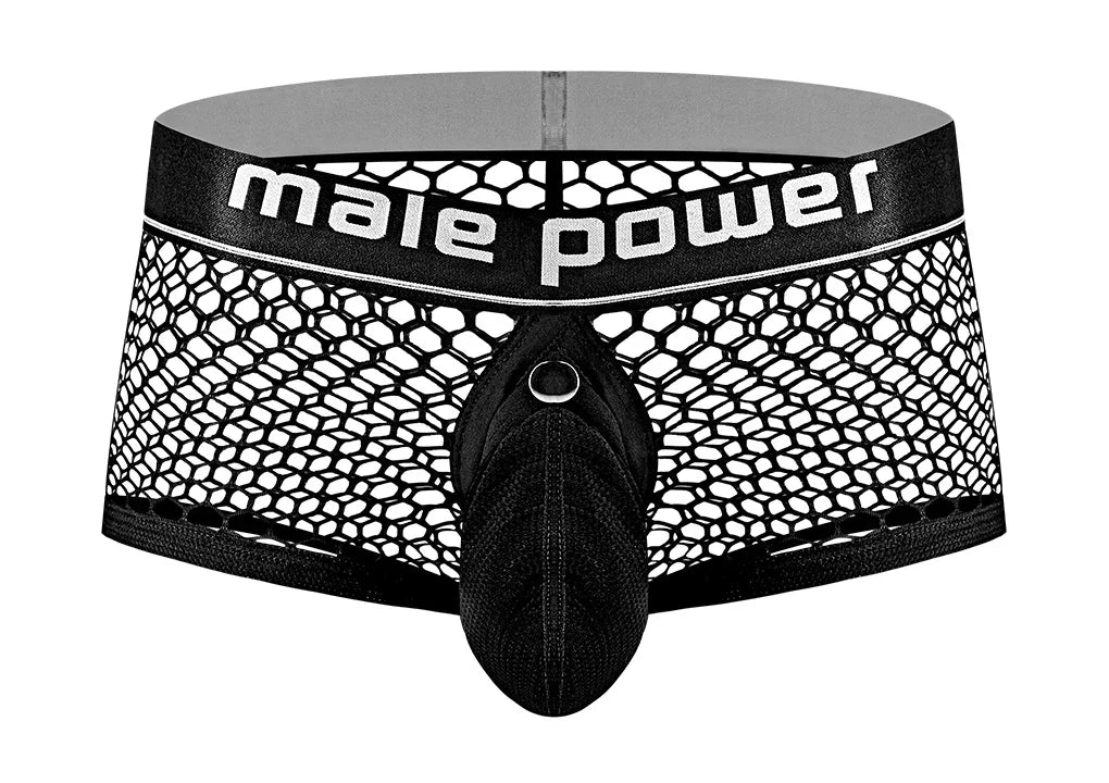 Male Power Penis Pit Net Mini Shorts with Penis Ring Black