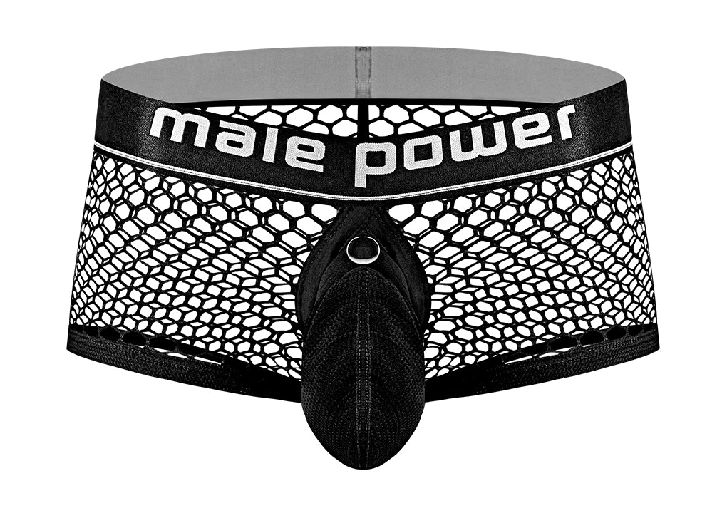 Male Power Penis Pit Net Mini Shorts with Penis Ring Black
