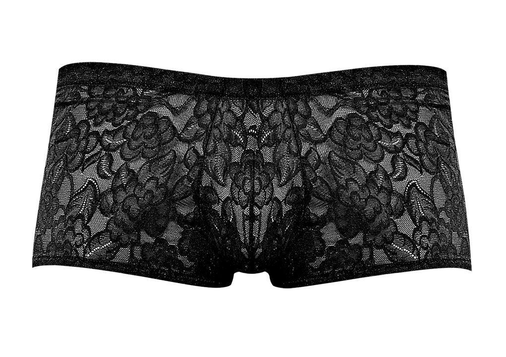 Male Power Stretch Lace Mini Short Black