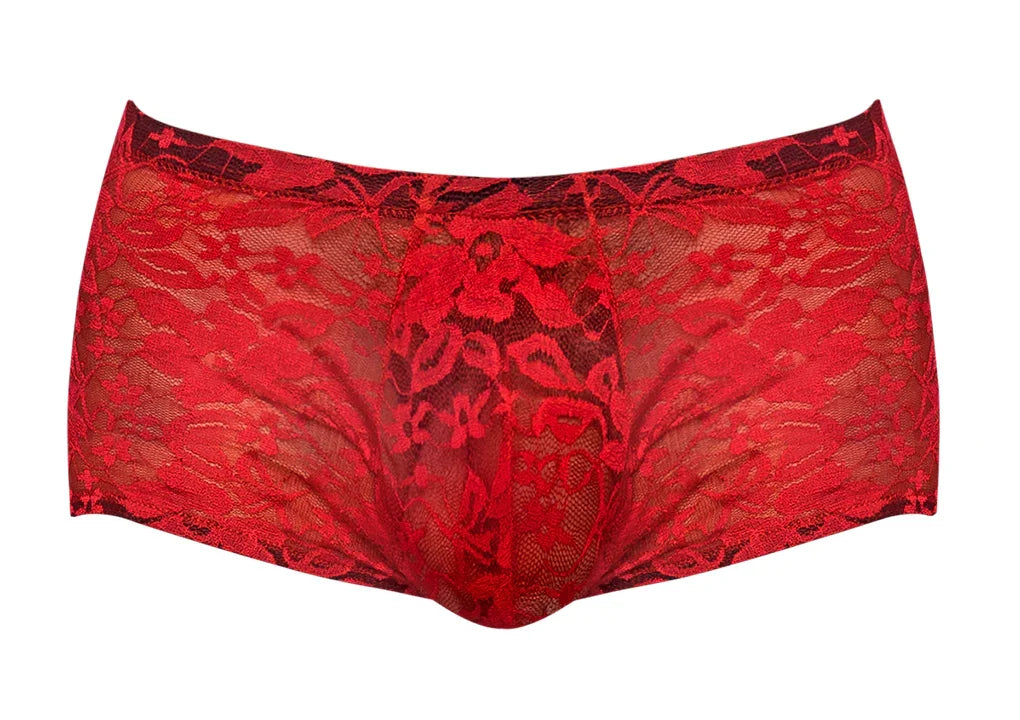 Male Power Stretch Lace Mini Short Red