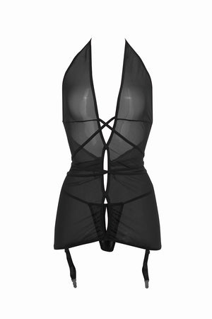 Allure Collection Savannah Sheer Mesh Garter Dress & Open Thong Black